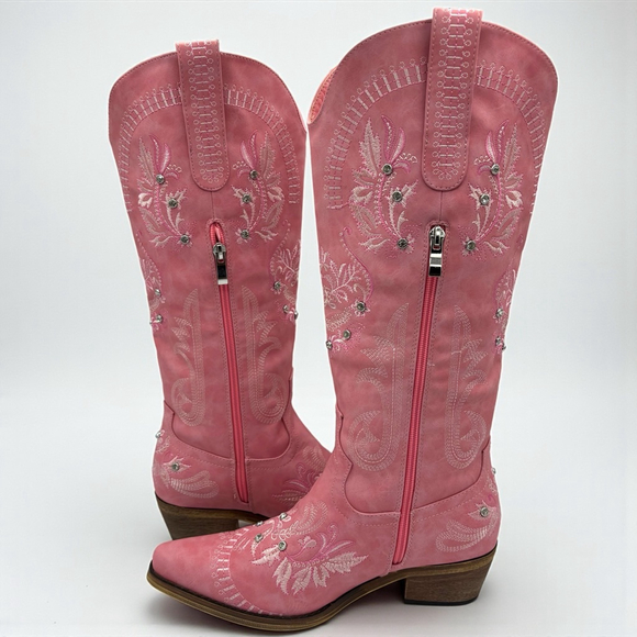 Wide Calf Pink Embroidered Rhinestone Cowboy Boots Knee High Snip Toe 8.5 NWB - Picture 5 of 16